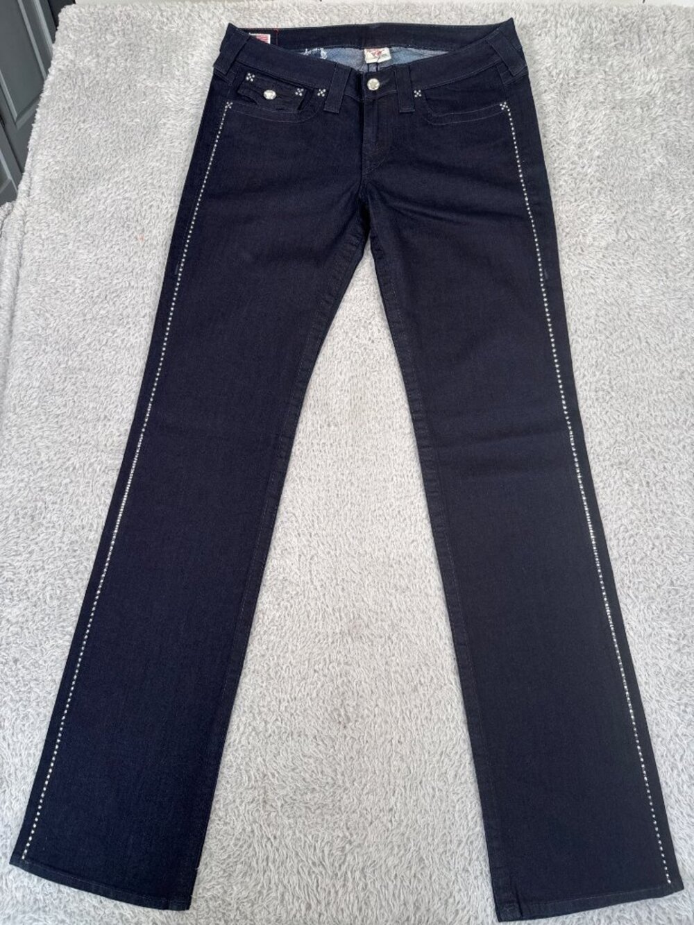 True Religion Disco Billy Bootcut Crystal Trim Jeans 30 Black Dark Wash Stretch - Picture 11 of 16